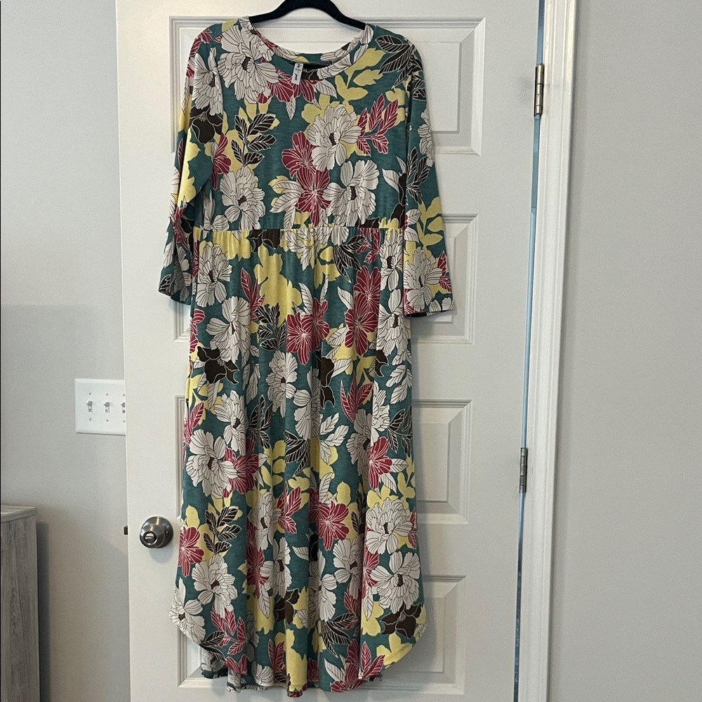 Floral Long Sleeve Dress in Teal and Pink